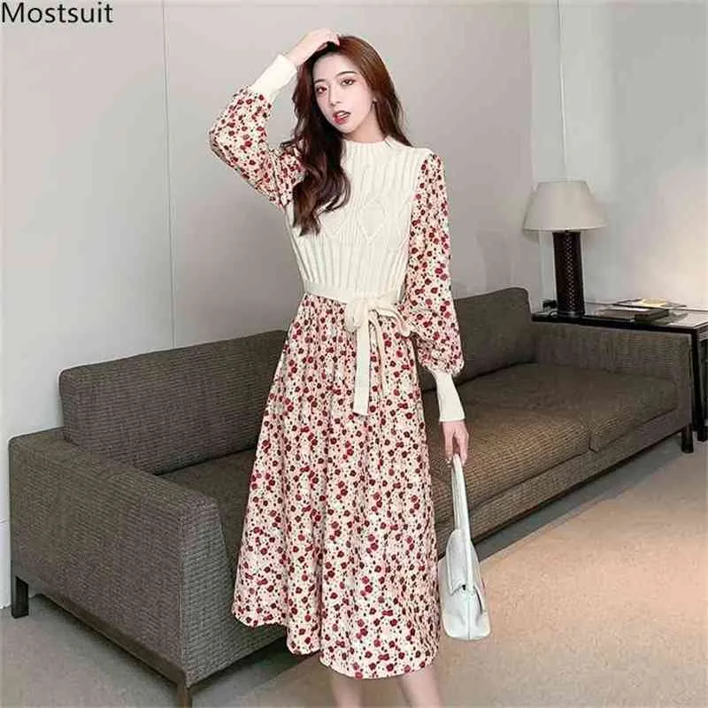Primavera Outono vestido mulheres manga longa malha patkkwork lace up vintage elegante plus size vestidos coreano vestidos de mujer 210513