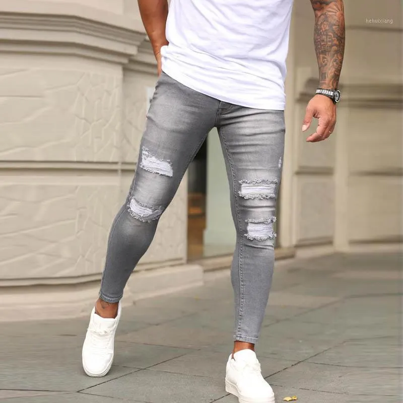 Men's Jeans Skinny Ripped Stretch Denim Pants Solid Grey Jogging MAN Elastic Waist Patchwork Trousers