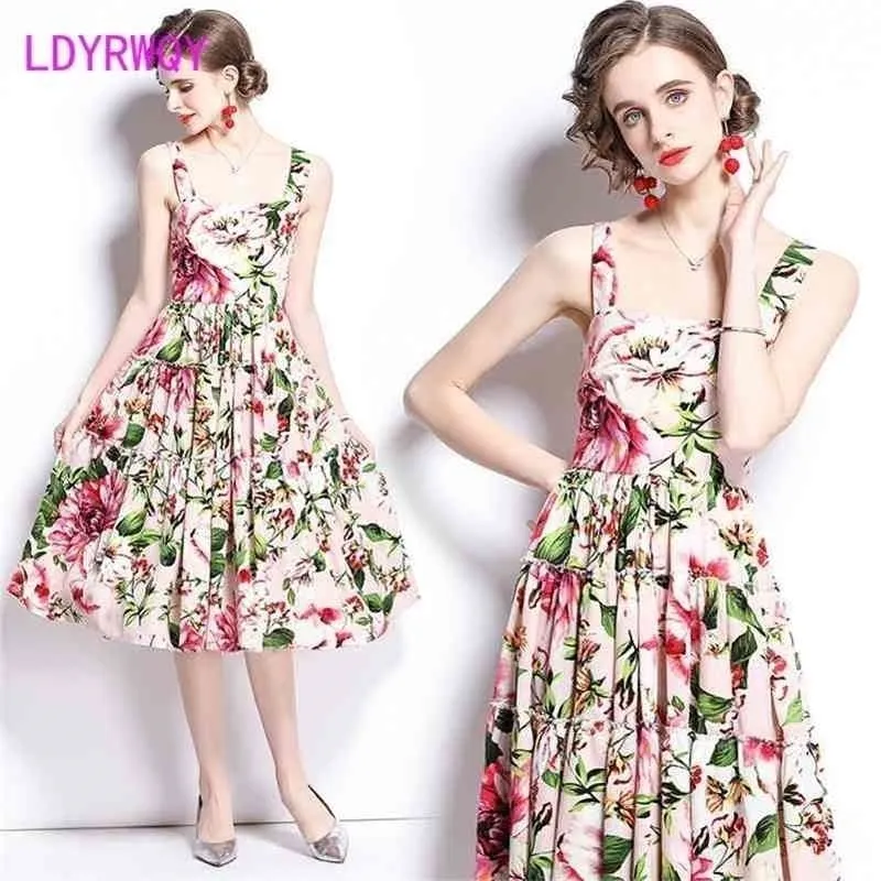 LDYRWQY Koreaanse mode print sexy jurk met slingband en losse buik vierkante kraag polyester zomer 210416