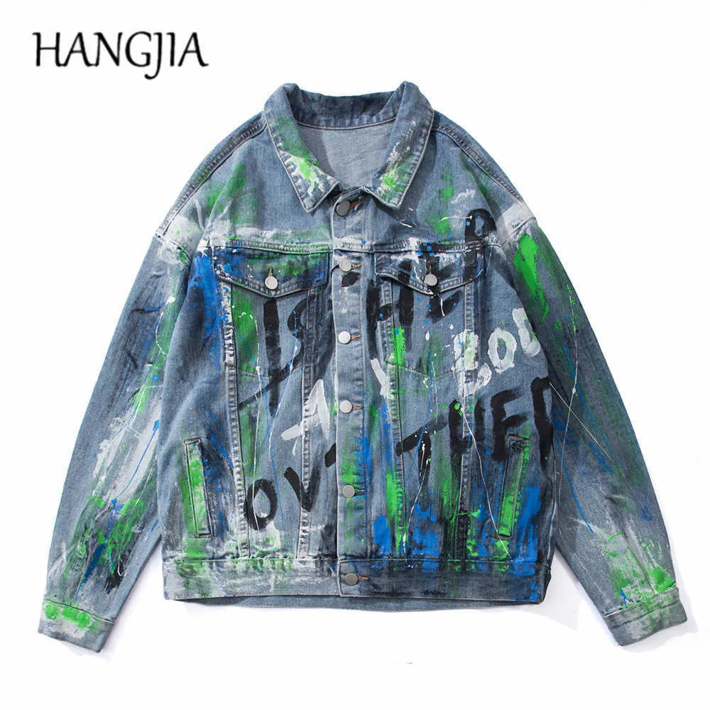 Hip Hop Graffiti Jean Kurtka Retro Streetwear Litery Drukowane Dżinsowe Kurtka Harajuku Jesień Zima Męskie Kurtki Dżinsy Swag C0607