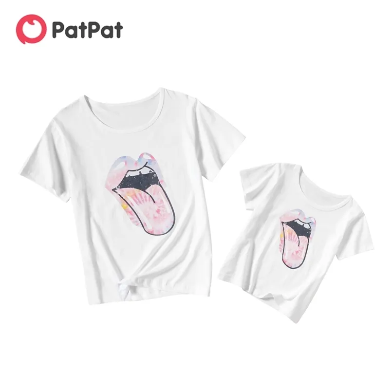 Summer Tongue Pattern Print Cotton White T-shirts for Mommy and Me 210528