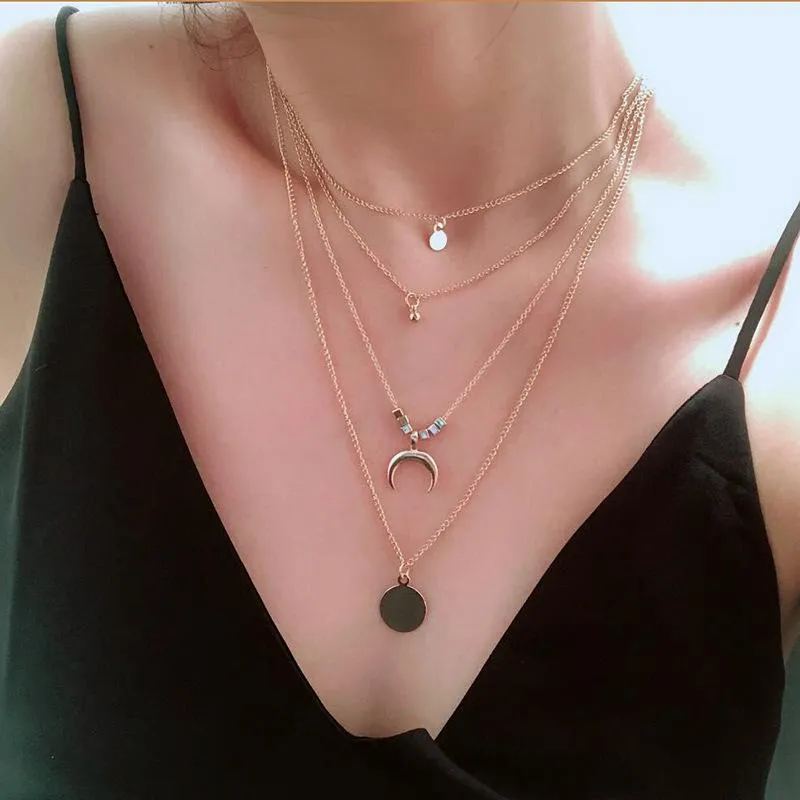 Neck Pendants Women Multilayer Retro Necklace Boho Style Four-layer Tassel Moon Disc Metal Pendant Necklaces304U