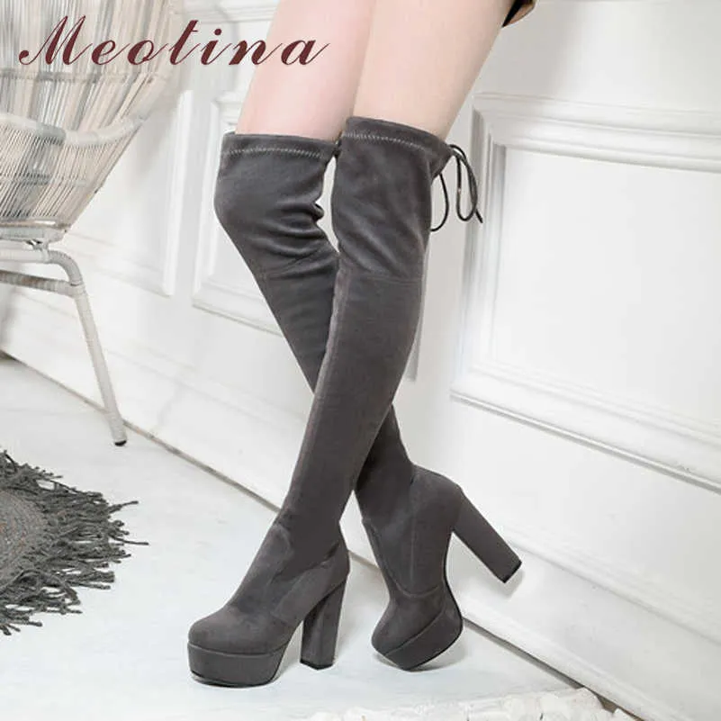 Meotina mulher super alto salto sobre o joelho botas plataforma bloco saltos longos botas slim stretch sapatos senhoras coxa alta botas 43 210608