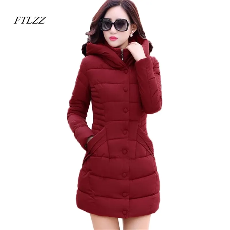 Vinter Medium Längd Tjockning Parkas Coat Woman Fashion Hooded Solid Färg Bomull Wadded Overcoat Slim 210430