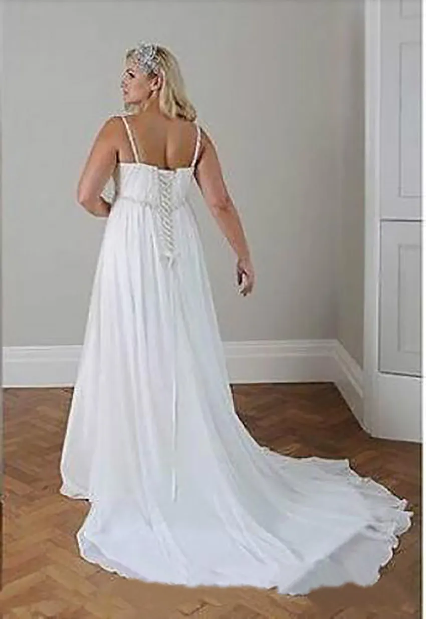 Vestidos de Noiva Plus Size Modestos Casamento na Praia Chiffon Linha A Até o Chão Alças Espaguete Renda nas Costas Simples Elegante Boho Brida340B