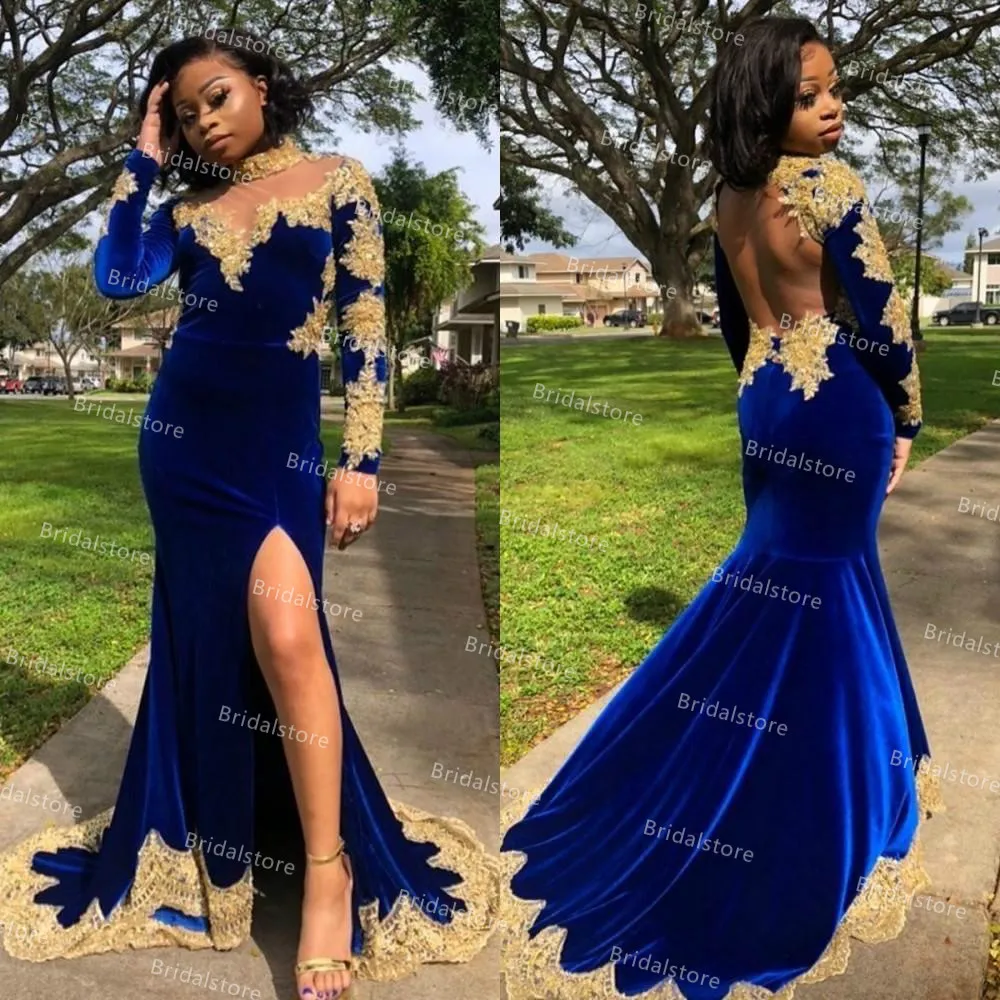 Zuid-Afrikaanse Royal Blue Velvet Mermaid Avondjurken met Gouden Applique Lange Mouwen Vestidos de Festa Sexy Backless Side Split Prom Jurk 2021 Robe Soirée