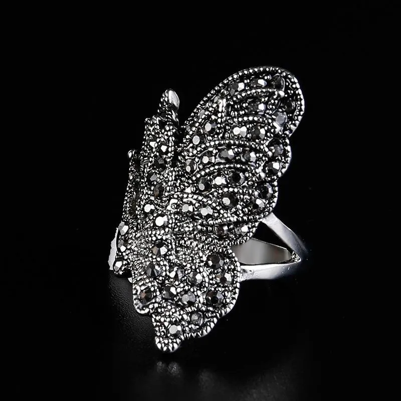 Cluster Ringe Kreative Gothic Zarte Schwarze Schmetterling Silber Überzogene Obsidian Für Frauen Upscale Exquisite202q