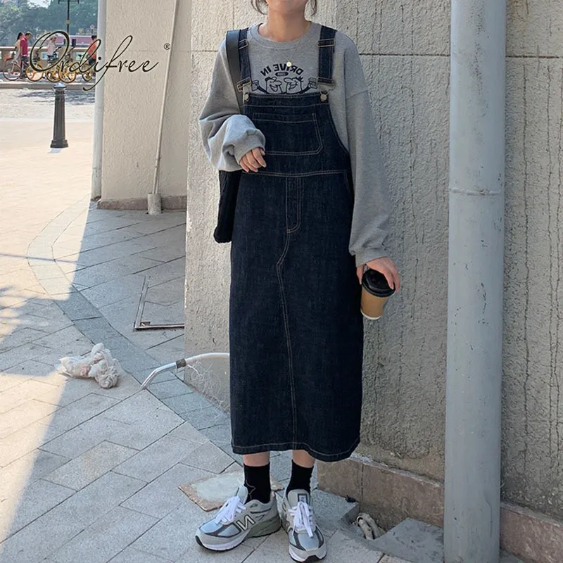 Summer Fashion Women Denim Casual Overalls Loose Jeans Dress 210415