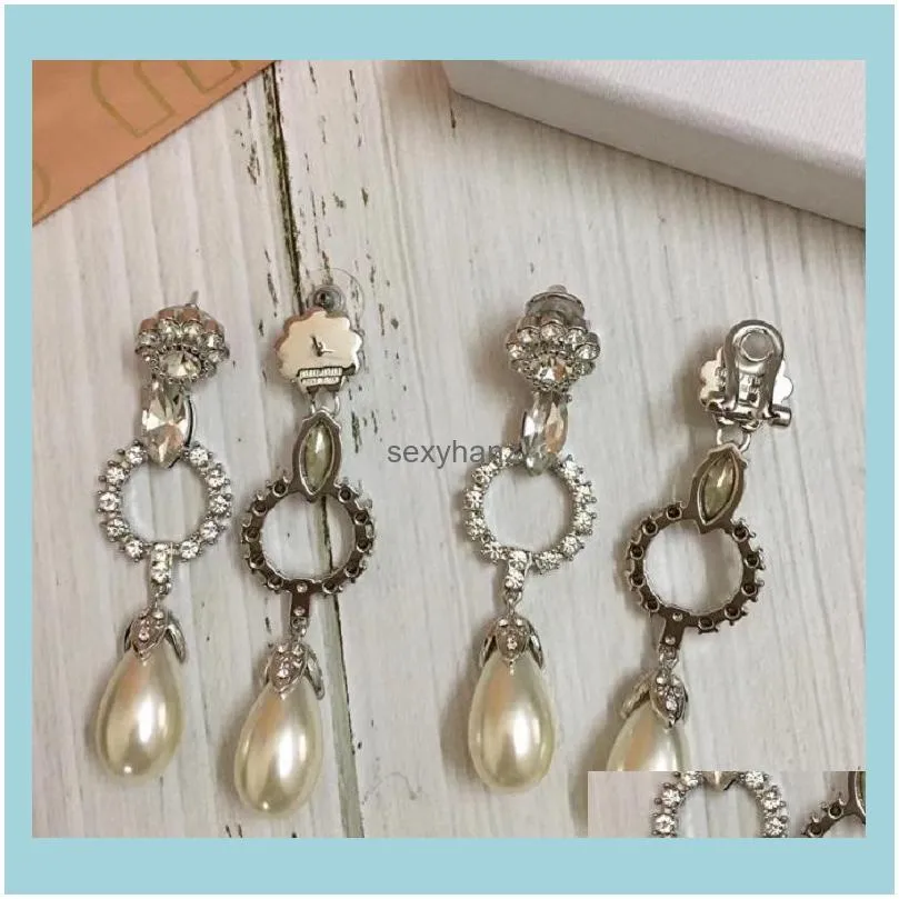 Crystal pearl flower temperament irregular teardrop flower beautiful ear clip earpins retro long earrings for woman girls