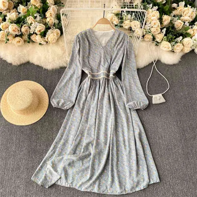 Весенняя мода французский ретро пастырский флористический Vestidos V-образным вырезом слоеного рукава стройное платье MIDI C359 210507