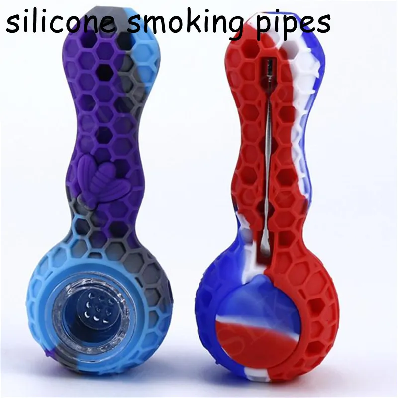 FDA Silikon Rökrör Vattenpipor med glasskål Herbal Silicon Tobacco Herb Pipes Oil Dab Rigs Hand Spoon SmokePipe