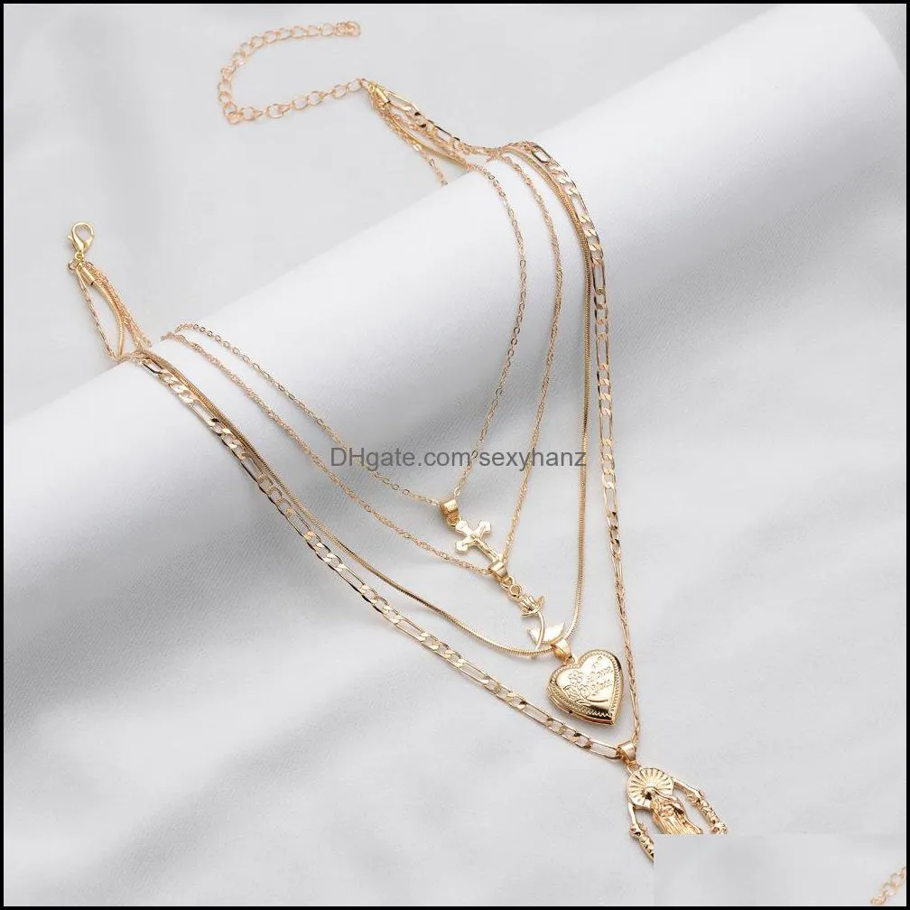 S1498 Hot Fashion Jewelry vintage Multi-layer Necklace Metallic Cross Madonna Rose Openable Heart Pendant Necklace