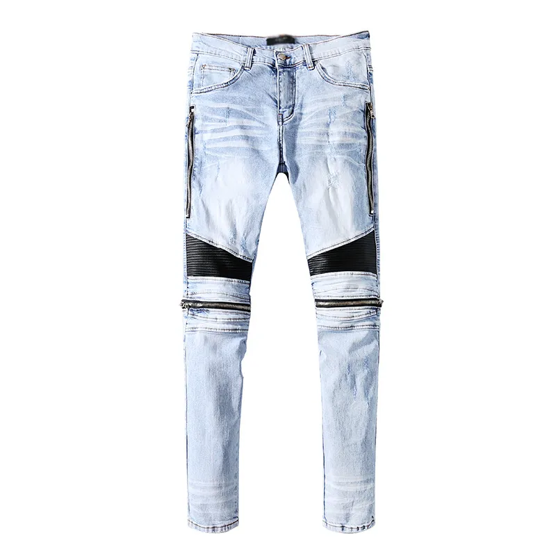 Högkvalitativa Mäns Jeans Straight Leg Welt Wind Light Blue Zipper Knä Pleated Skinny Feet 39-40Size för män