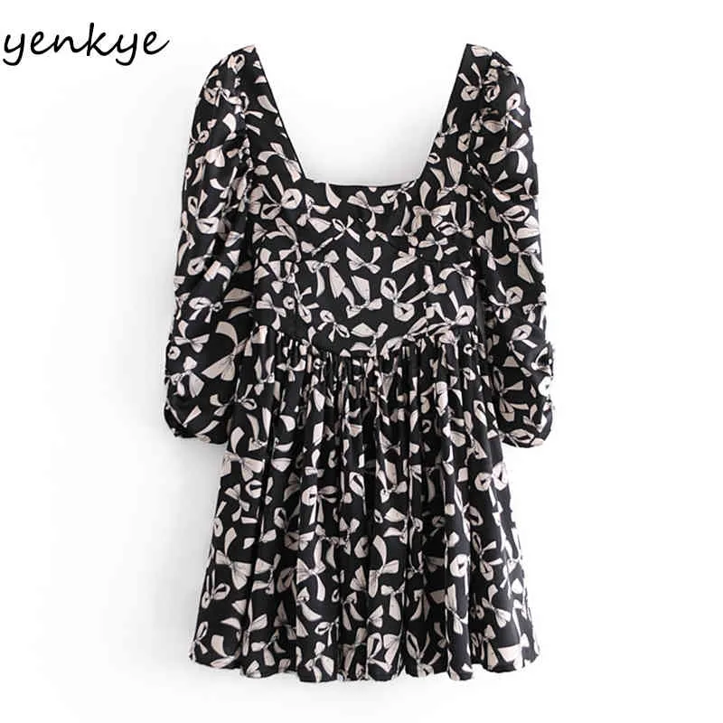 YENKYE Spring Women Bow Pattern Print Dress Elegant Lady Sexy Square Neck Puff Sleeve Pleated Mini Dress Robe Femme 210515