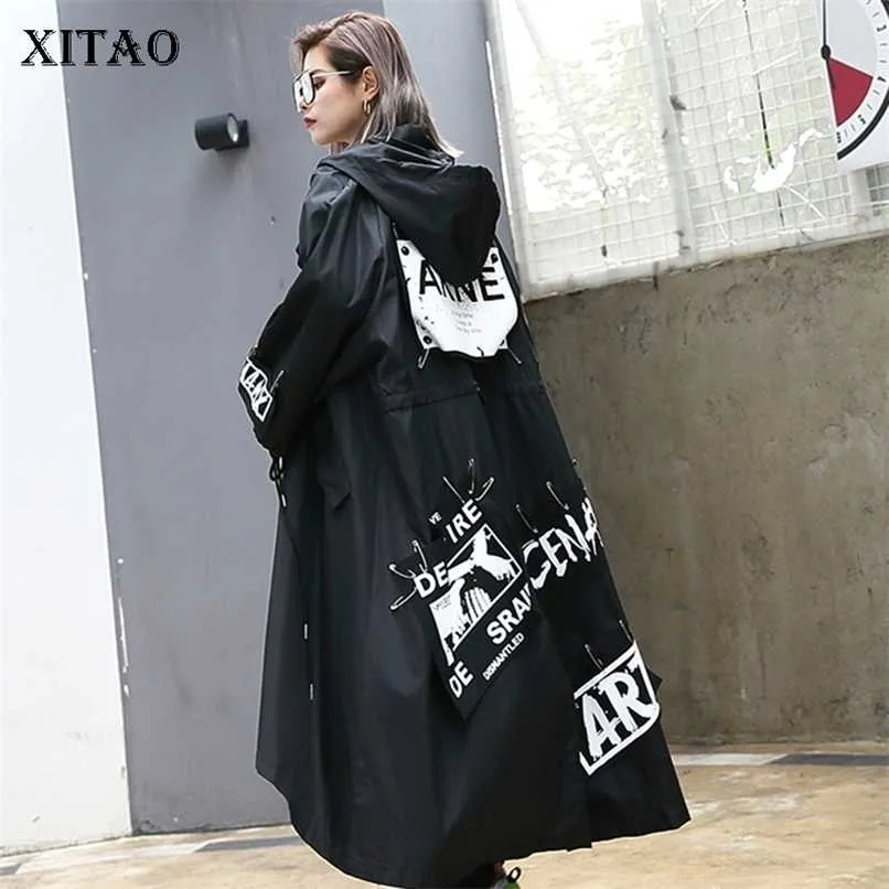 Xitao Spliced ​​Plus Size Black Trench for Women Longo Prind Streetwear Capuz Casual Casual Coloque Wide Coat Zll1100 211021