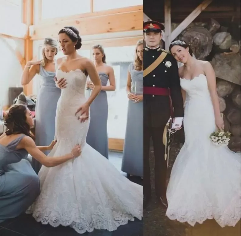 Weddding Lindas vestidos de sereia de renda com o vestido de noiva Aplicado Trem de varredura sem mangas Sweete