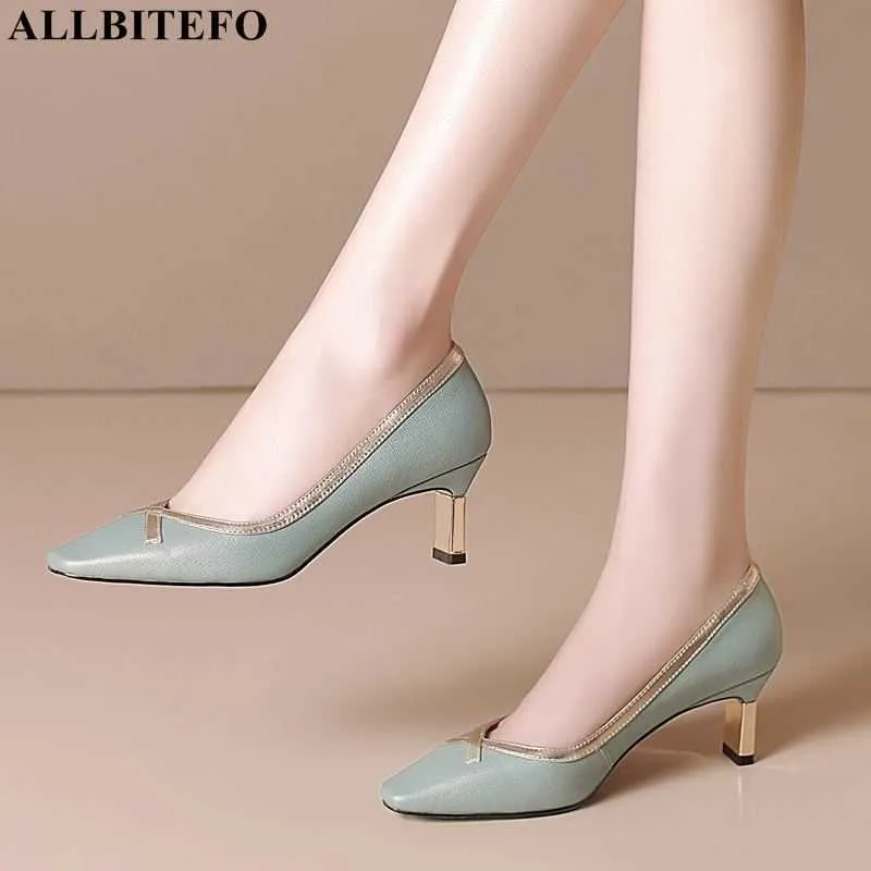 AlliteBofo de alta qualidade Genuine Leather De Couro Alto Salto Sapatos Mulheres Heaves Saltos Sapatos Outono Casamento Mulheres Sapatos Tamanho: 33-43 210611