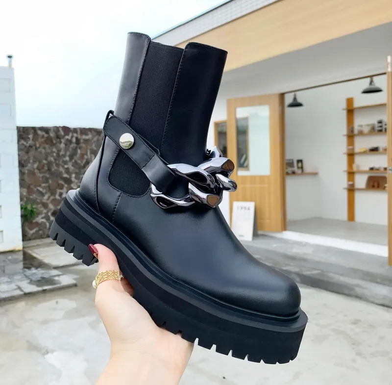 New Designer Women Ankle Boots Top Quality Genuine Leather With Chain Platform Short Boot Brand Ladies Winter Autumn Shoes 35-41