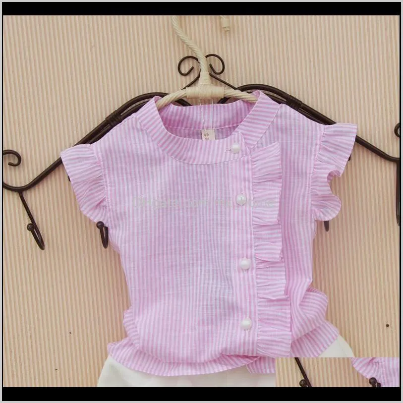 girls blouse summer cotton striped shirt casual blouse girl sleeveless button design shirts for teenager baby girl clothes 210305
