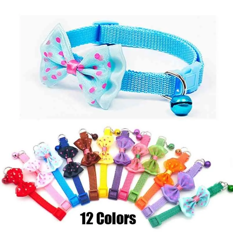 24pcs Easy Wear Cat Dog Pet Bow Collar with Bell Adjustable Cat Puppy Pet Supplies Accessories Small Dog Chihuahua Buckle tag 210729