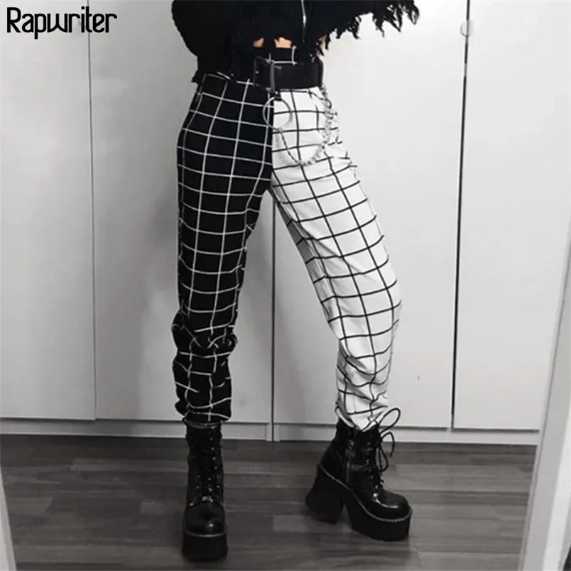 Gotik Siyah Beyaz Dama Tahtası Baskı Sweatpants Kadın Streç Yüksek Bel Gevşek Streetwear Harajuku Jogger Pantolon 210510