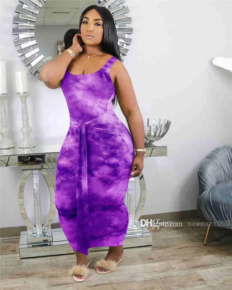 Plus size S-4XL Women dresses tie dye dress fashion skinny skirts sleeveless maxi skirts summer clothes casual dress free shiping 3526