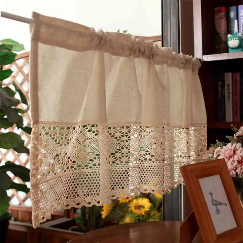 Handmade Cotton Linen Kitchen Short Curtain Crochet Lace Hollow Tassel Beige Valance Cafe Kitchen Door Window Drapes 210913