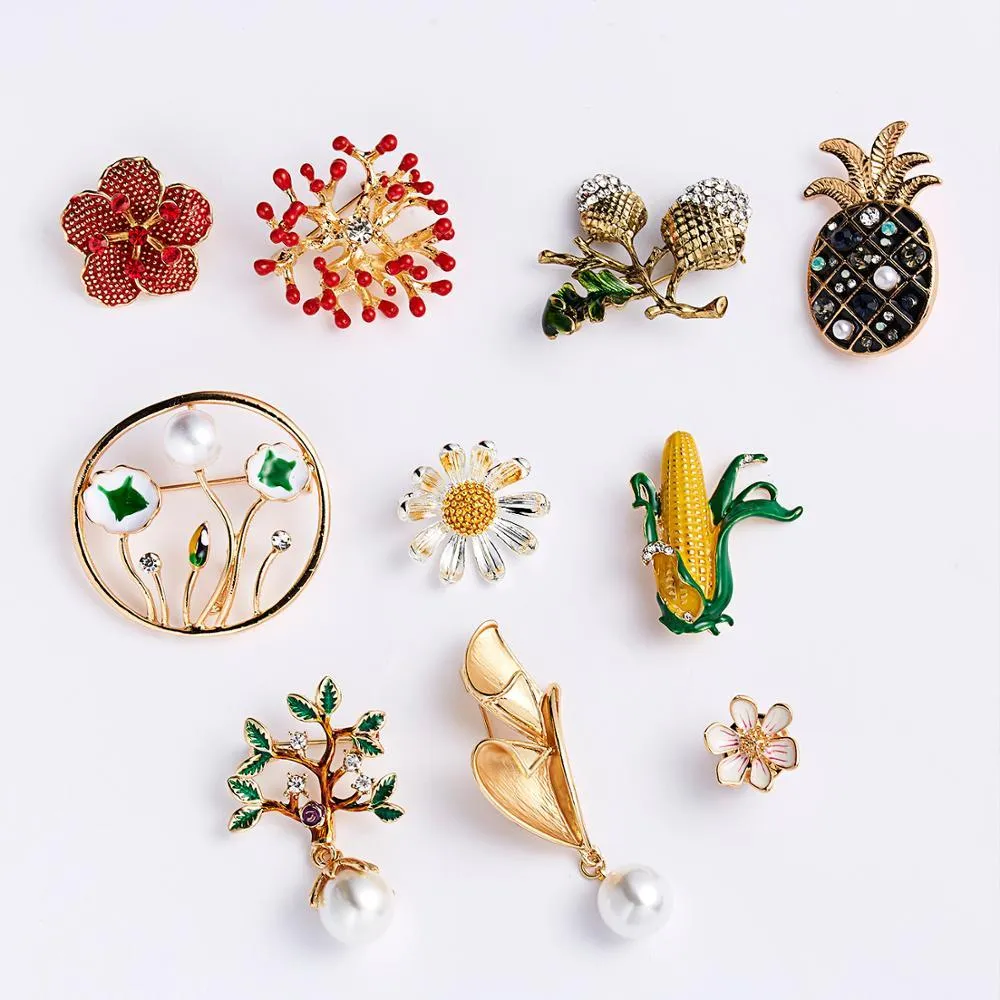 Rinhoo – broches en forme de noix de pin pour femmes, jolie plante, fleur de maïs, strass, feuille en émail, couleur verte, bijoux à la mode