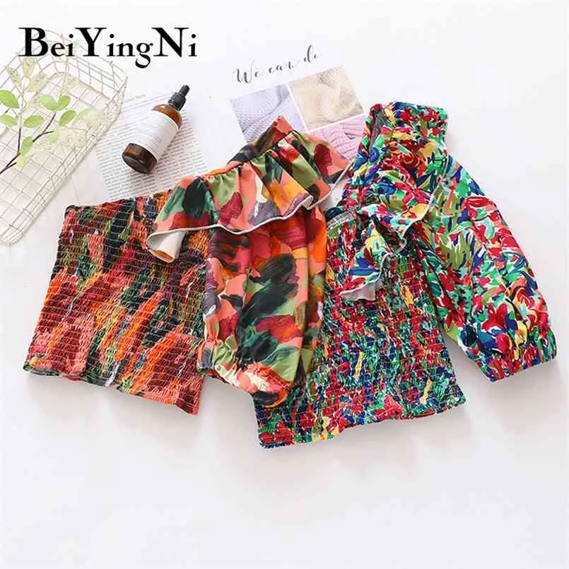 Sexy Blouses Female Off Shoulder Club Floral Print Ruffles Pleated Blusas Womens Crop Tops Slim Elastic Fashion Shirts 210506