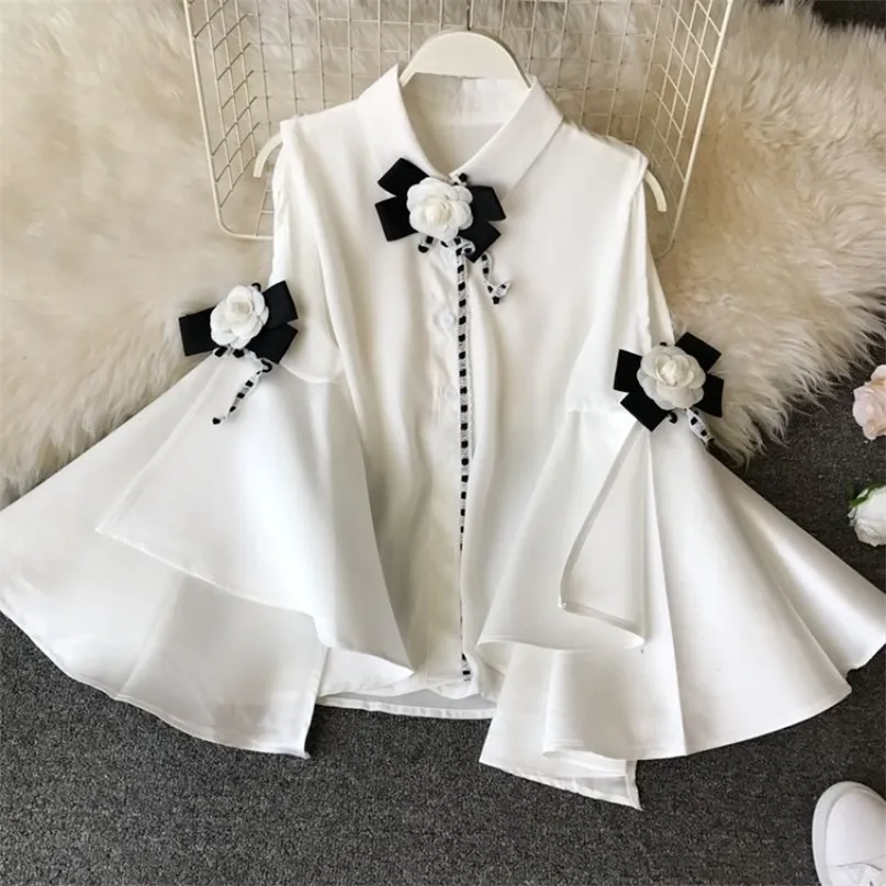 Primavera verão lapela vintage strapless grande flare manga longo magro chiffon camisa 3d flor deco blusa mulheres 220308