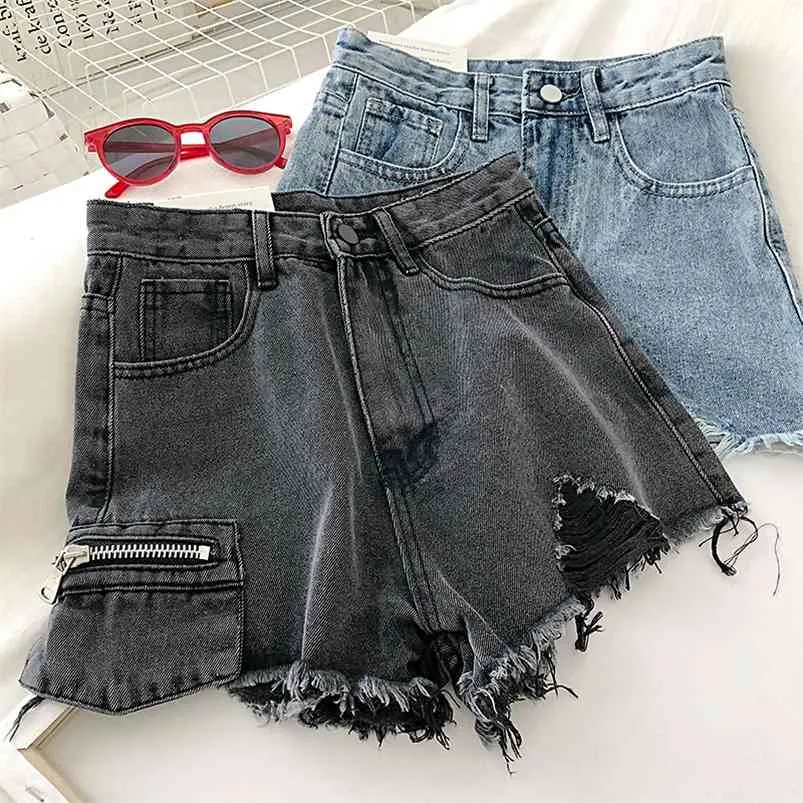 Verão Mulheres Cintura Alta Black Blue Trendy Relaxado Lazer Zipper Bolso Burr Burr Denim Shorts 210430