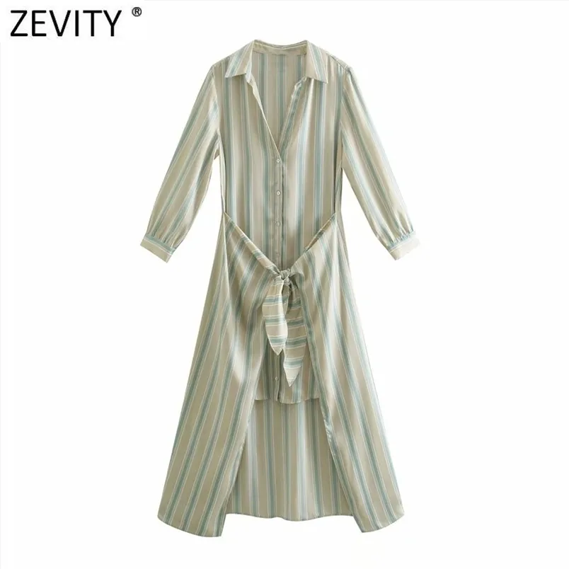 Women Vintage Striped Print Single Breasted Casual Shirtdress Female Front Bow Tied Business Vestido Chic Dresses DS8174 210420