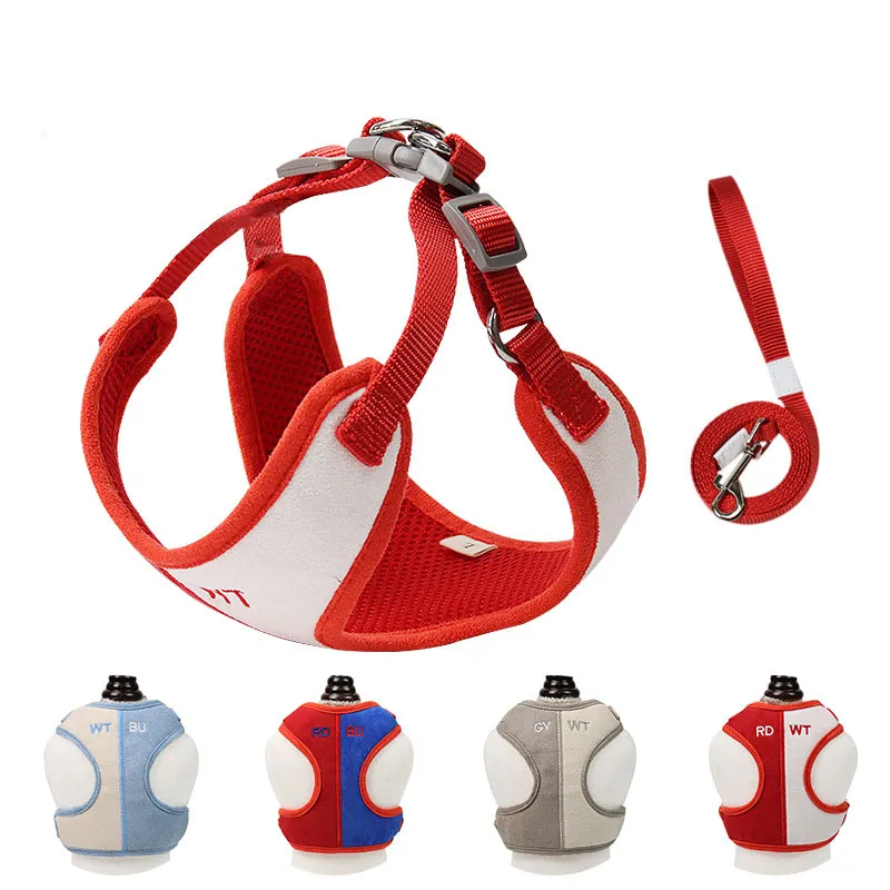 Suede Fabric Contrast Color Waistcoat Harnesses Leashes Set Soft Adjustable Leash collar for Pet Dog Cats Supplies Will and Sandy red blue