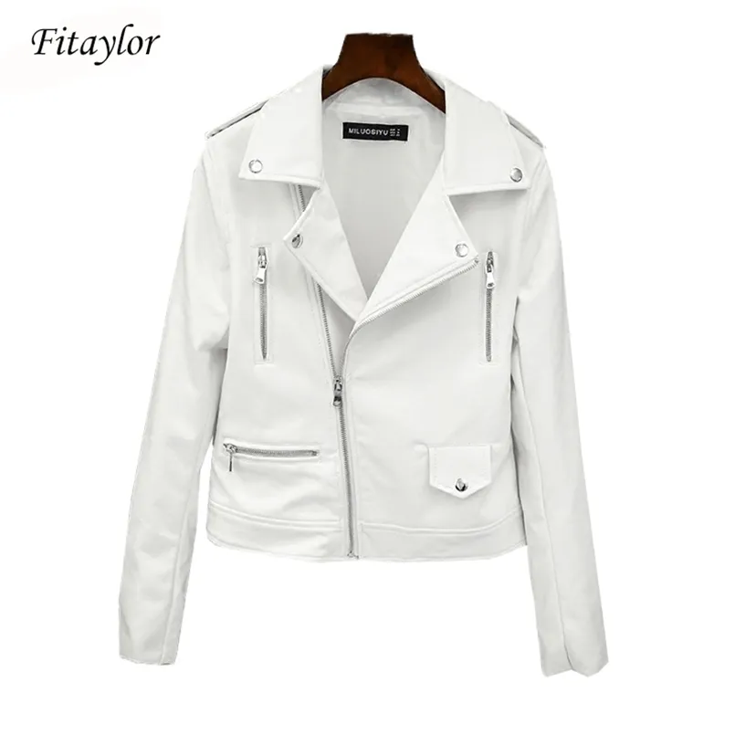 Fitaylor Spring Autumn Women Biker Leather JacketソフトPUパンクアウトウェアカジュアルモーターフェイクレザーホワイトジャケット210916