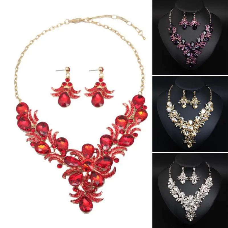 Boucles d'oreilles collier luxe rouge ensemble fleur bijoux ensembles mariées cadeau femmes fête de mariage déclaration tour de cou bavoir collier