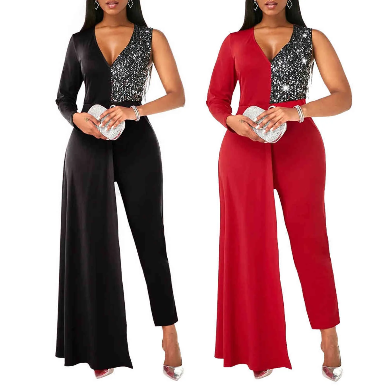 Oluolin Autumn Ladies Fashion Sequin Stitching Plus Size Black Jumpsuit Woman Sexy V-neck Waist Single-sleeve Romper 211115