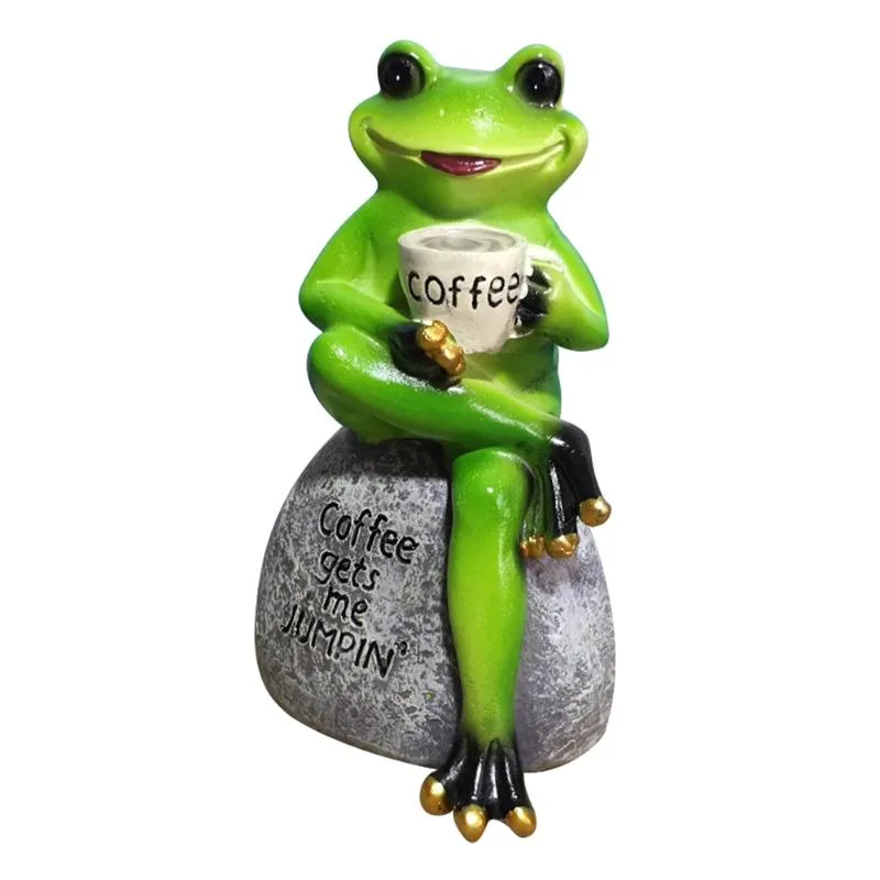 Garden Decorations Frog Sitting On Stone Sculpture Cute Desktop Resin Coffee Cup Statue Outdoor Home Park Landscape Figurines