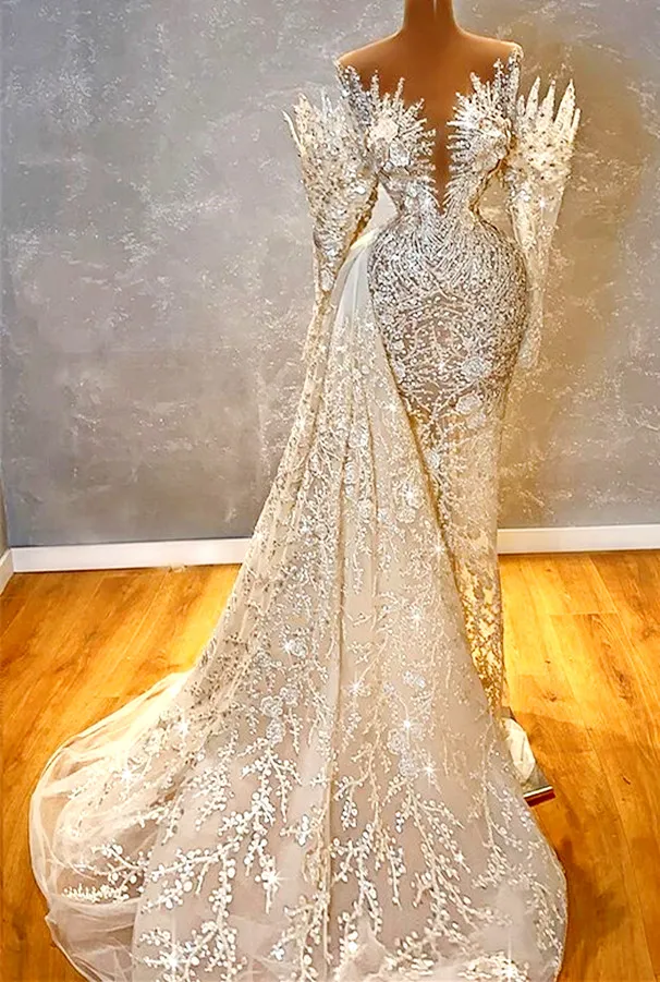 Arabo Aso Ebi 2021 Abiti da sposa sexy eleganti e lussuosi Abiti da sposa in pizzo con perline trasparenti ZJ253