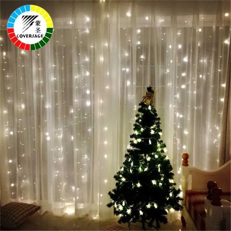 Coversage Christmas Led Lights Curtain Garland 3X3M LED String Fairy Decorative Outdoor Indoor Home Wedding Decoration Net Light 211122