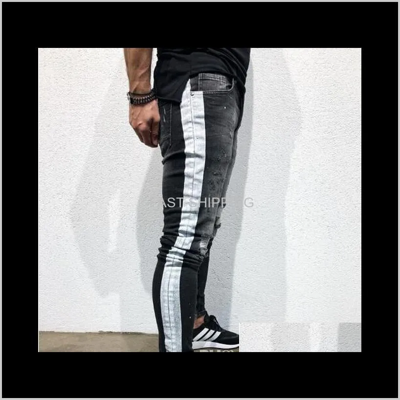 mens fashion denim long pencil pants side striped ripped mens jeans clothes male black high street slim biker jeans shipping