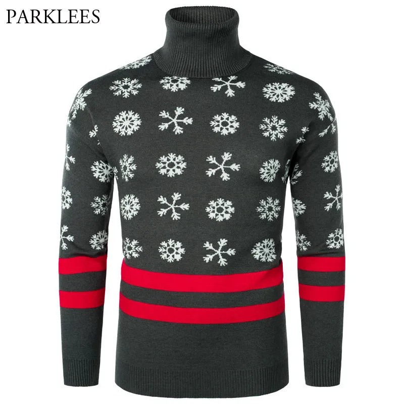 Pull de Noël Hommes Col Haut Neige Impression Pull De Noël Casual Pull Chaud Streetwear Ourlet Côtelé Col Roulé Chandails Hommes 210524