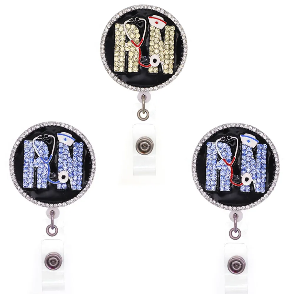 10 stks / partij mode sleutelhanger ringen Custom Crystal Rhinestone RN Stethoscoop Intrekbare Medische Badge Houder YOYO Pull Reel Artsen ID Naam Kaart voor Gift