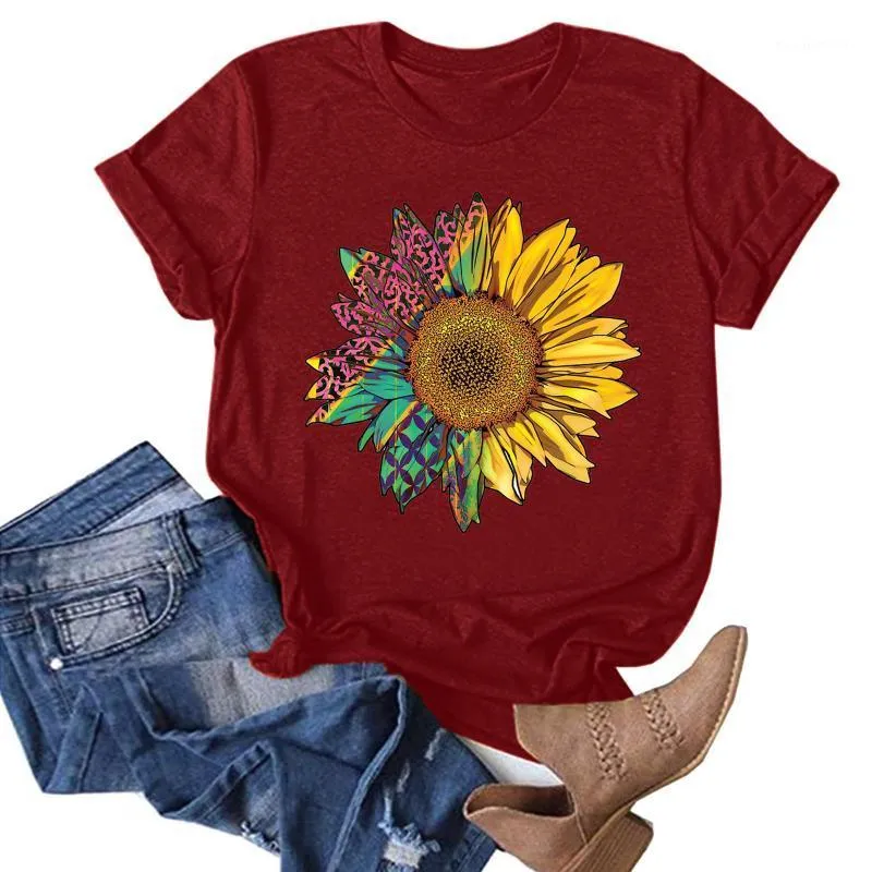 T-shirt das mulheres 25 # boho impressão de girassol camiseta casual harajuku plus tamanho redondo pescoço verão manga curta pulôver Daily tops