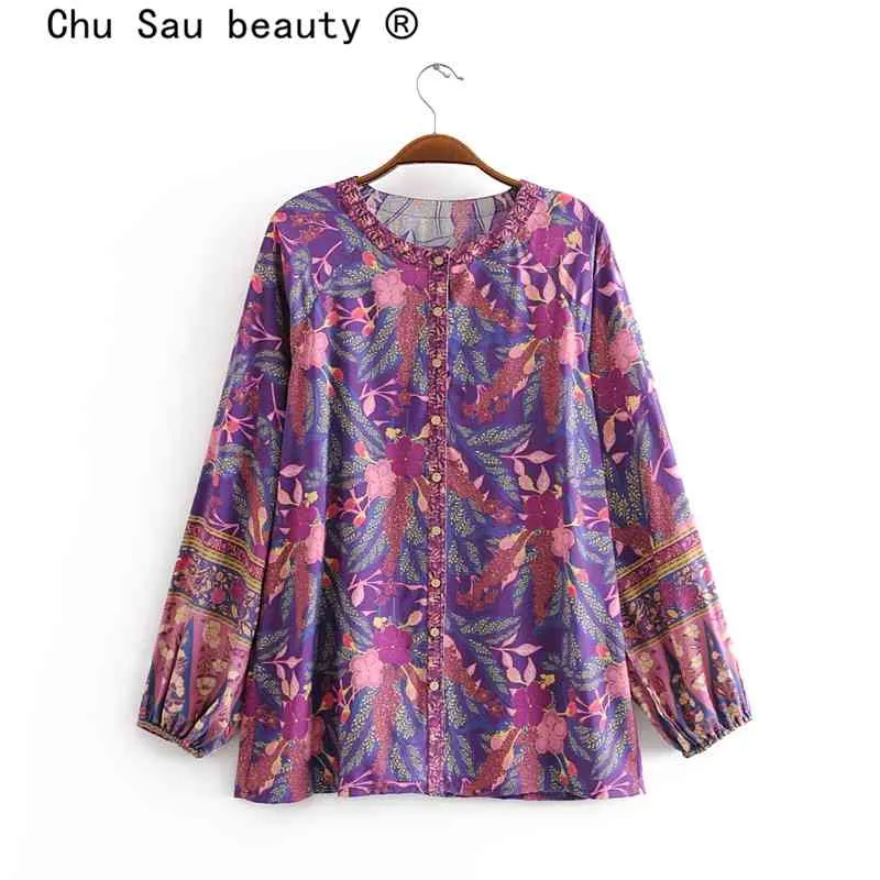 Chu Sau Beauty Fashion Boho Floral Print Sommarskjortor Kvinnor Holiday Chic Single Breasted Blusar Kvinna Camisa de MODA 210508