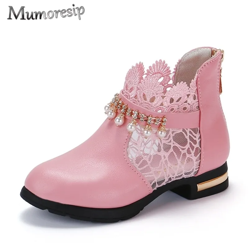 Mumoresip Princess Girls Boots Kids Ankle Lace Fabric Breathable Sweet Children Shoes Autumn Winter 211227