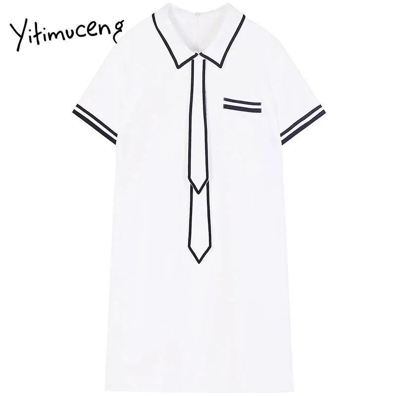 Yitimuceng Dress for Women Mini Solid White Lato Luźna Talia Krótki Rękaw Moda Ubrania Preppy Style Office Lady 210601