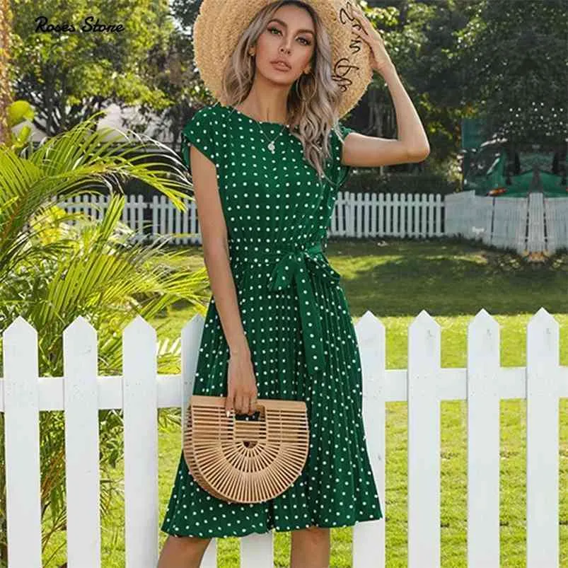 Zomer polka dots mouwloze geplooide jurken voor vrouwen hoge taille midi elegante kantoor groene dame diner party kleding 210730