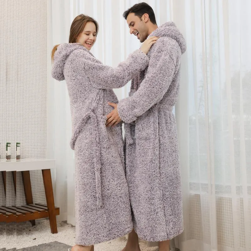 Women's Sleepwear Winter Coral Velvet Hooded Night Robe Men And Women Loose Nightgown Thick Warm Couple Bathrobe Lover Home Clothes