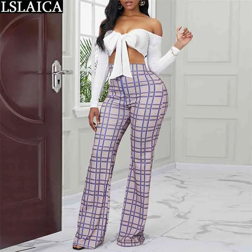 Eleganta plaid kvinnor byxor höst casual kvinnliga byxor streetwear höga midja bell-bottoms mujer pantalones 210515