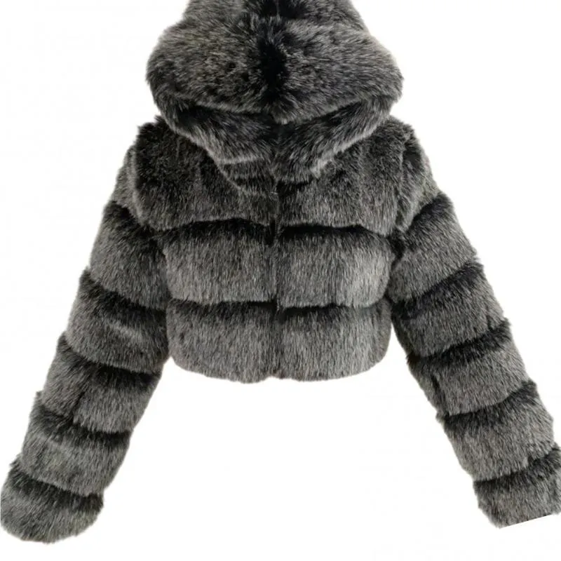 Damesjassen Vrouwen Mode Winter Faux Bont Bijgesneden vacht Fluffy Zip Hooded Warm Short Jacket